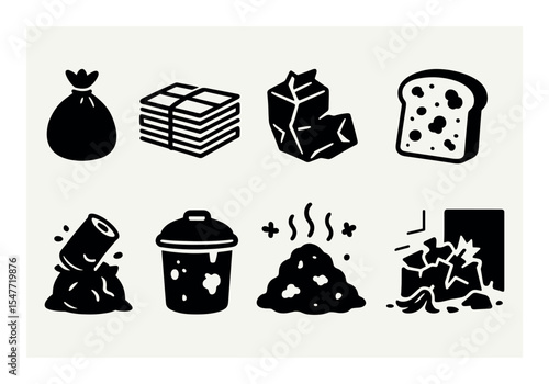 Waste management solid icon set. recycling, trash, garbage icons solid collection