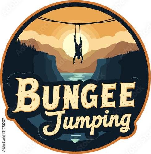 Vector logo of bungee jumper leaping from a cable over a canyon river during sunset. Dramatic and bold adventure illustration