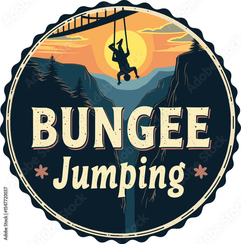 Vintage-style badge of person doing bungee jump from a bridge at sunset over a canyon. Adventure and extreme sport concept
