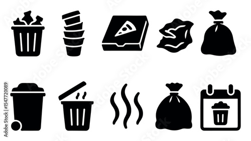 Waste management solid icon set. trash, recycling, bin, collection, cleanup graphics