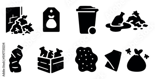 Waste management solid icon set. recycling, trash, garbage, disposal icons collection