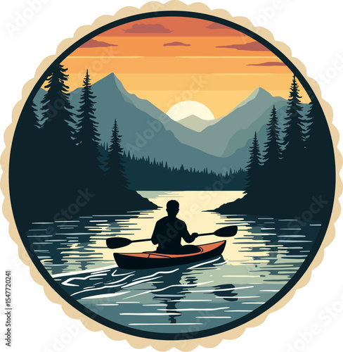 Round vector badge of person kayaking on a tranquil lake between mountain peaks and pine trees at sunset. Scenic and peaceful outdoor adventure