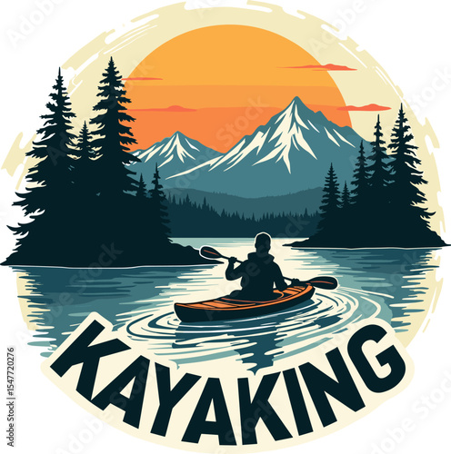 Vector illustration of a person kayaking on a mountain lake during sunset, surrounded by pine trees. Outdoor adventure scene with reflection in water