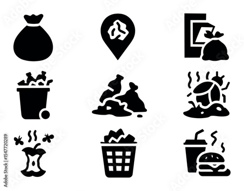 Waste management solid icon set. garbage, recycling icons solid collection