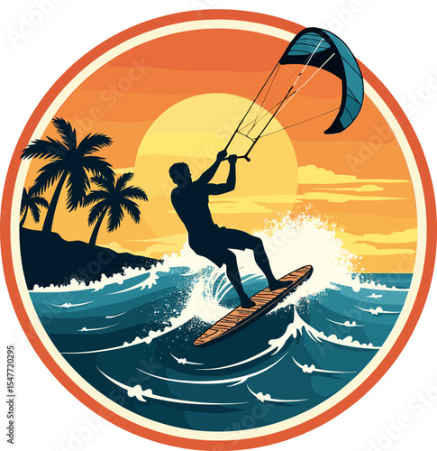 Vector illustration of a kitesurfer catching a wave at sunset with palm trees and tropical island in the background. Water sport silhouette
