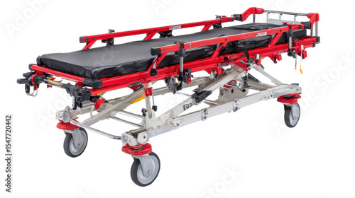 Emergency stretcher with wheels, designed for patient transport, featuring a collapsible frame and padded surface.