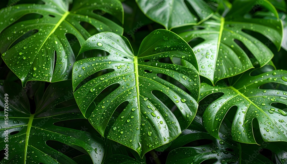 Fototapeta premium Lush Monstera Deliciosa Leaves Adorned with Sparkling Water Droplets in a Tropical Setting