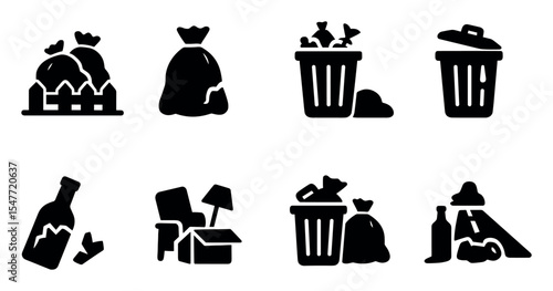 Waste management solid icon set. garbage, trash, recycling icons collection