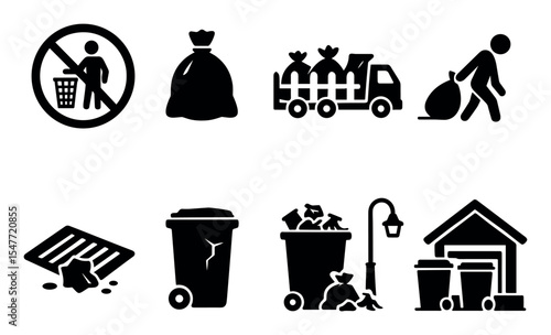 Waste management silhouette icon set. recycling, cleanup, disposal icons collection