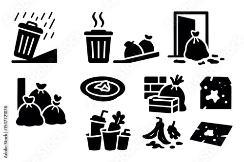 Waste management solid icon set: trash disposal, recycling bin, waste segregation icons