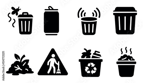 Waste management solid icon set. trash, recycling, composting silhouette collection