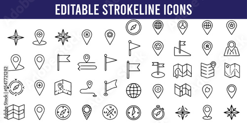 Collection of editable stroke line icons for navigation location and travel, icon set, vector art