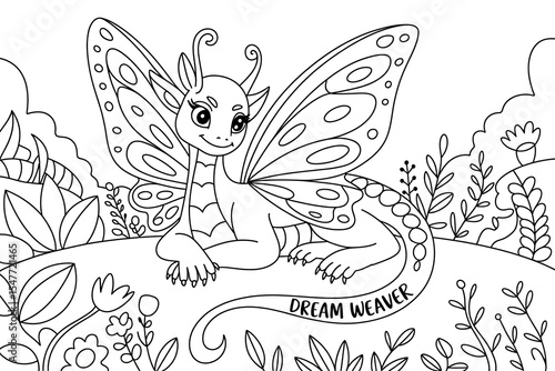 Cute dragon with butterfly wings, resting in a floral landscape.
