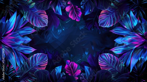 Fototapeta Naklejka Na Ścianę i Meble -  Neon abstract background featuring tropical palm leaves in pink, purple, and blue hues with glowing bright colors, vibrant jungle night fantasy, futuristic gradient, stylish digital design frame.