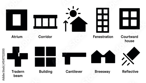 Architectural solid icon set exploring building structures and design elements