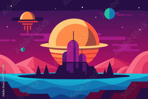 Alien planet landscape with futuristic city and spaceships