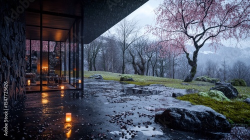 Wallpaper Mural Serene Japanese Garden Architecture Rainy Day Tranquility Torontodigital.ca