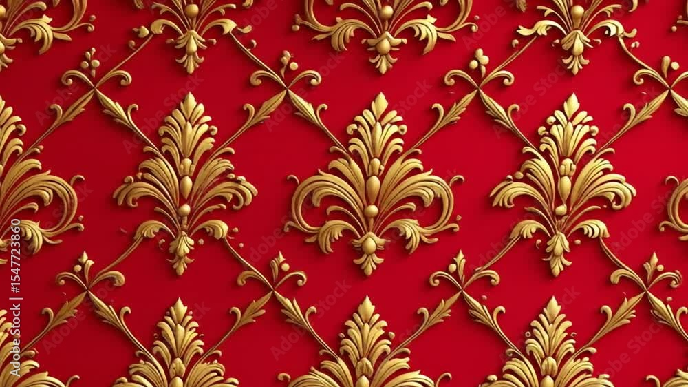 Opulent golden floral damask pattern on a rich red background, vintage elegant design Opulent golden floral damask pattern on a rich red background, vintage elegant design