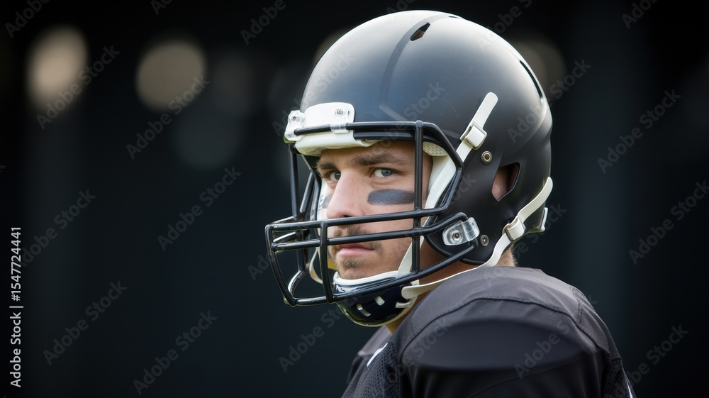 Football player wearing a helmet and uniform, focused expression during practice Football player wearing a helmet and uniform, focused expression during practice