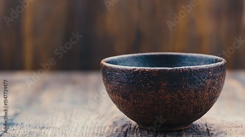 Dark brown ceramic bowl on rustic wooden surface Close up studio shot table