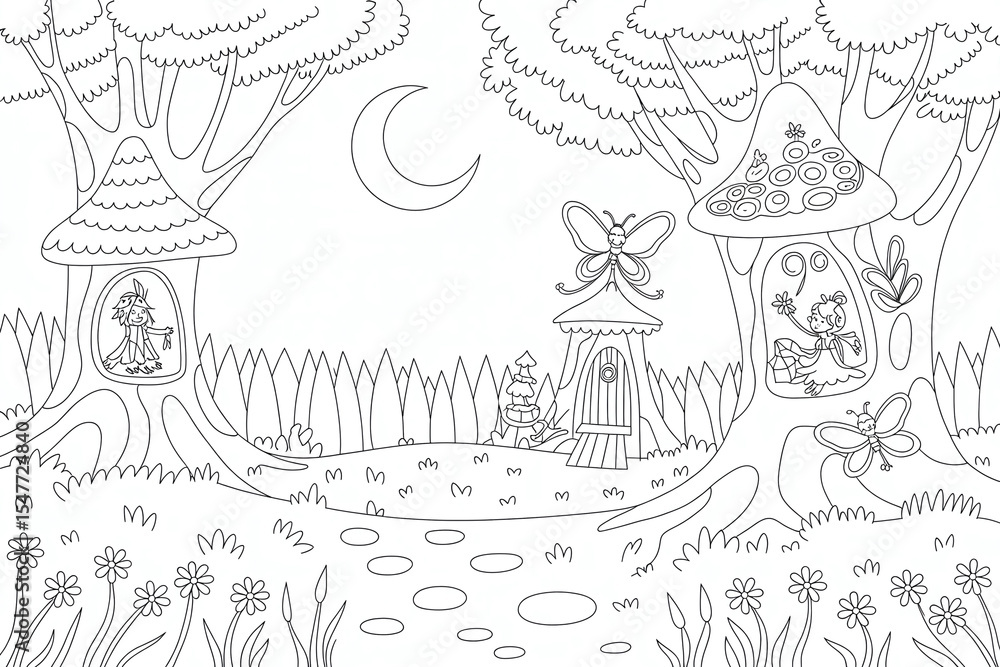 Obraz premium Enchanted forest scene, whimsical fairy houses, tranquil night. 