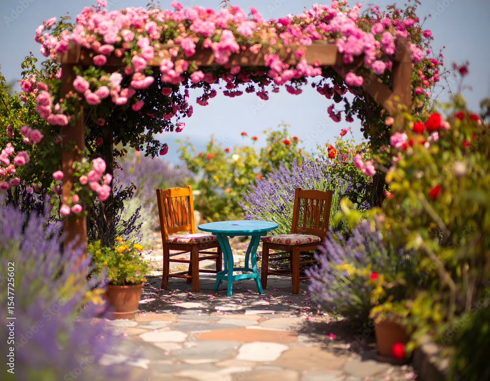Obraz premium Charming outdoor setting featuring colorful flowers and wooden chairs near the sea in an anime style