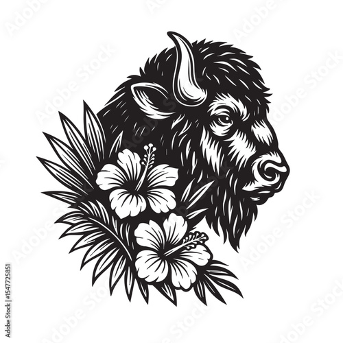 Floral vector illustration of a bison head surrounded by hibiscus and palm leaves. A perfect fusion of wild strength and tropical elegance.