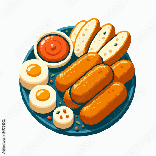 Overhead view of a plate filled with a variety of foods including eggs, bread slices, and breaded items.  A dipping sauce is also part of the presentation.