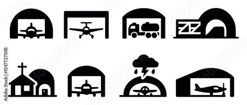Aviation, airport silhouette icon set. hangar, flight facility icons silhouette collection