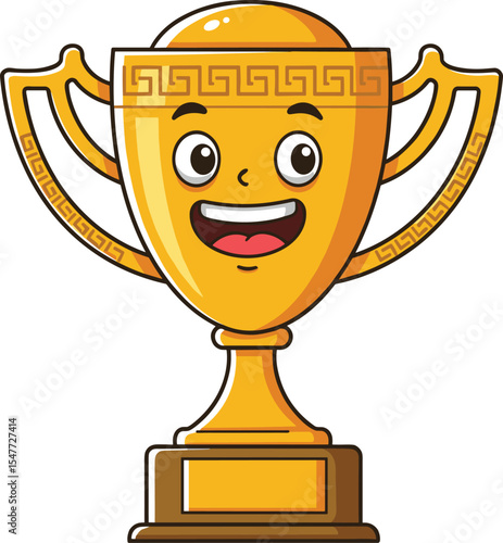 Cartoon golden trophy with smiling face, cute award cup character, happy prize illustration, funny achievement icon, winner celebration design, champion cup