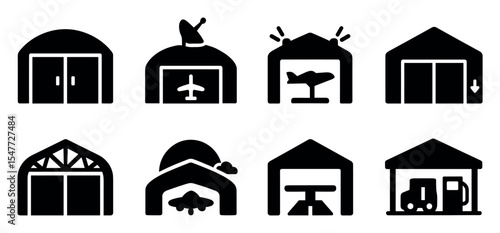 Airport, hangar filled icon set. aviation, airplane storage, terminal icons collection