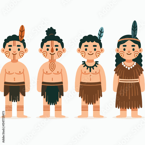 Four stylized figures, representing different individuals dressed in traditional, cultural clothing, presented on a white background.