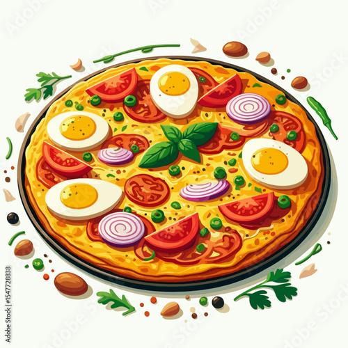 Vibrant illustration of a pizza topped with eggs, tomatoes, onions, and herbs, arranged artistically on a circular plate.  The image highlights the food's attractive presentation.