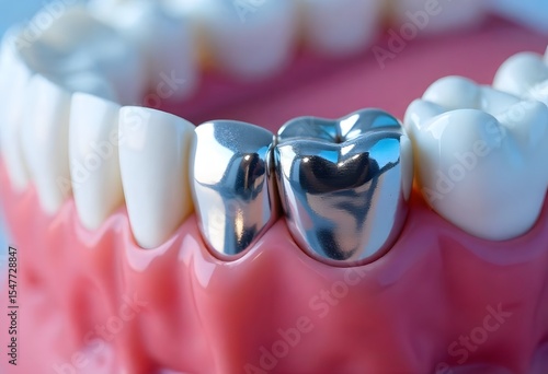 A dental model featuring a set of teeth with two prominent silver colored crowns visible on the molars