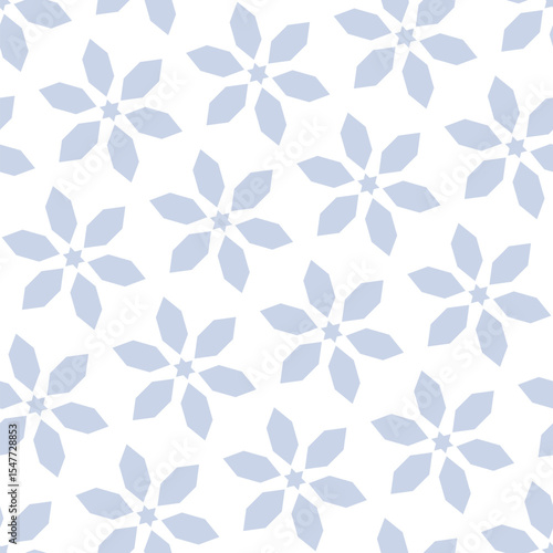 Vector floral minimal seamless pattern. Abstract geometric leaf ornament with flowers in oriental style, diamonds, stars in diagonal grid. Simple blue and white background texture. Repeating design