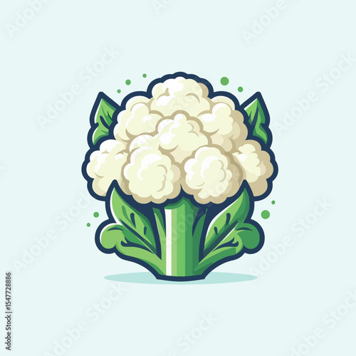 Stylized, cartoon-like graphic depiction of a cauliflower with vibrant colors, emphasizing its healthy and fresh properties.