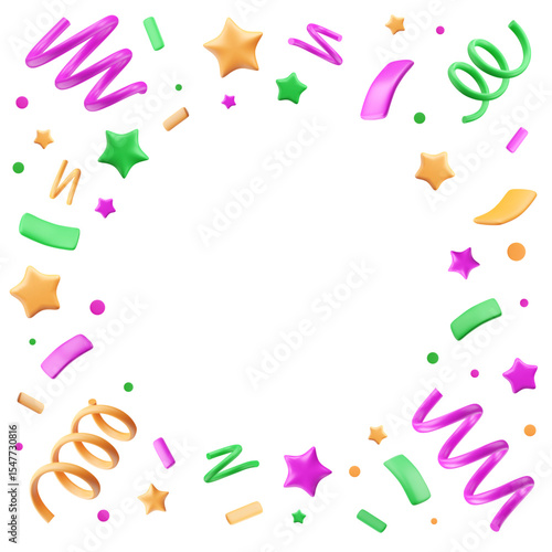 Frame with 3D party popper and blank circle space. Carnival banner, invitation template. Firecracker of confetti, inflated stars, squiggles. Vector illustration. Event background. Festival card.