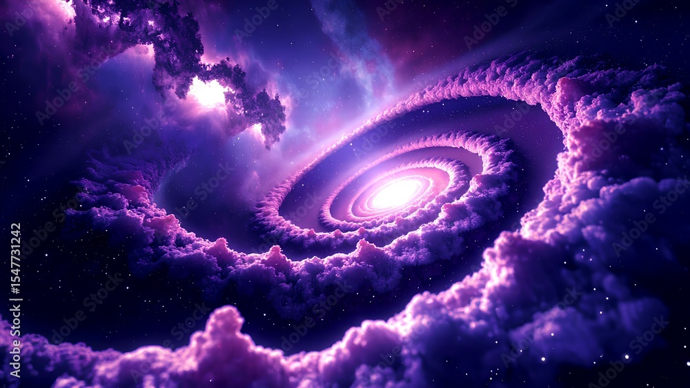 Fototapeta premium A vibrant, swirling galaxy with glowing purple clouds and stars creating a mesmerizing cosmic spiral in deep space.