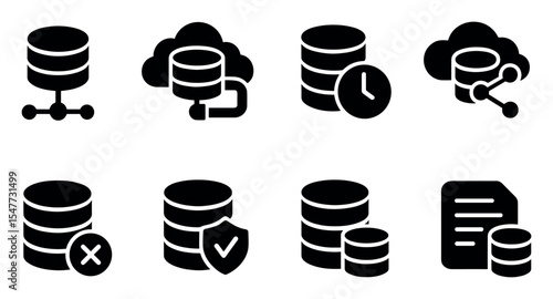 Data management solid icon set. database, cloud, backup icons solid style