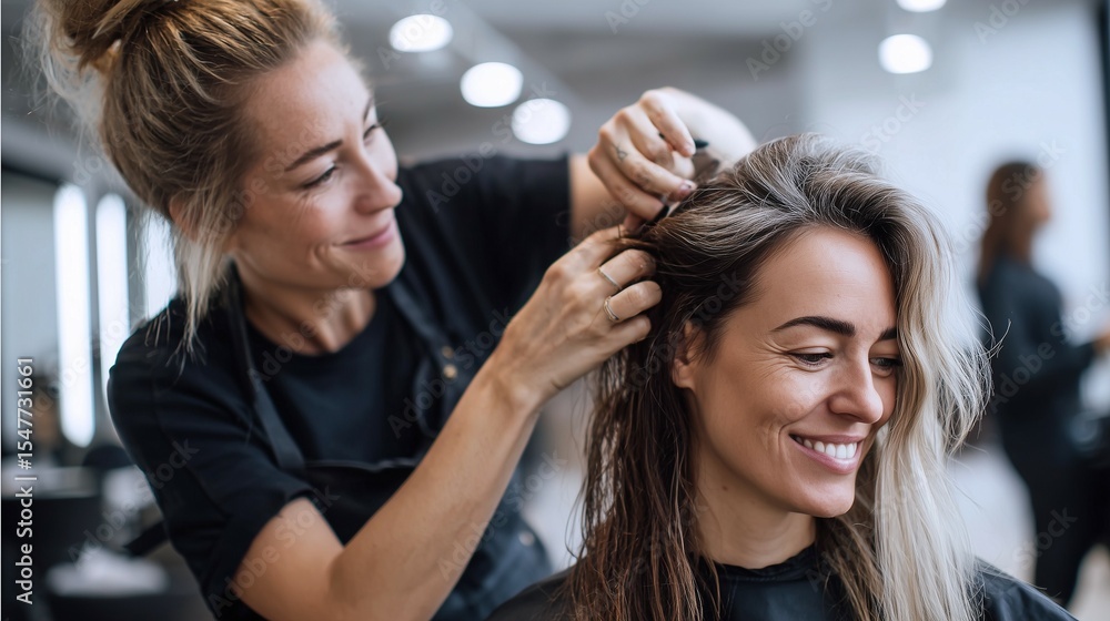 Fototapeta premium Hairdresser styling woman’s hair in salon 