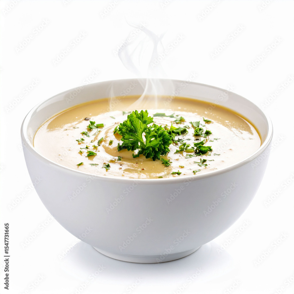 a steaming bowl of creamy soup is centered in the frame against a bright, neutral backdrop. the smooth soup is light brown and garnished with freshly chopped herbs a steaming bowl of creamy soup is centered in the frame against a bright, neutral backdrop. the smooth soup is light brown and garnished with freshly chopped herbs
