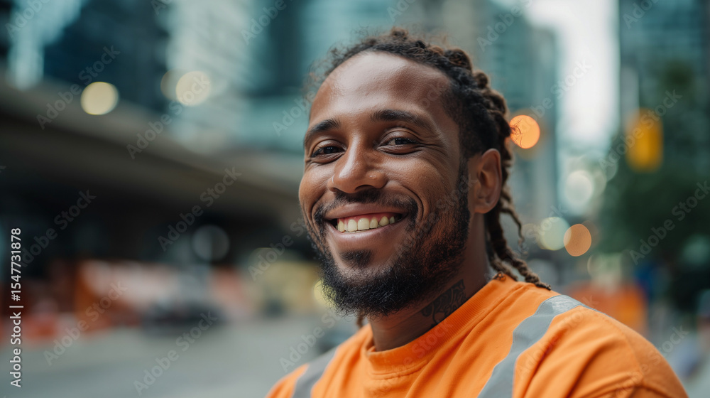 Fototapeta premium Smiling delivery professional in orange, exuding warmth and approachability, embodying reliable service with a personal touch.