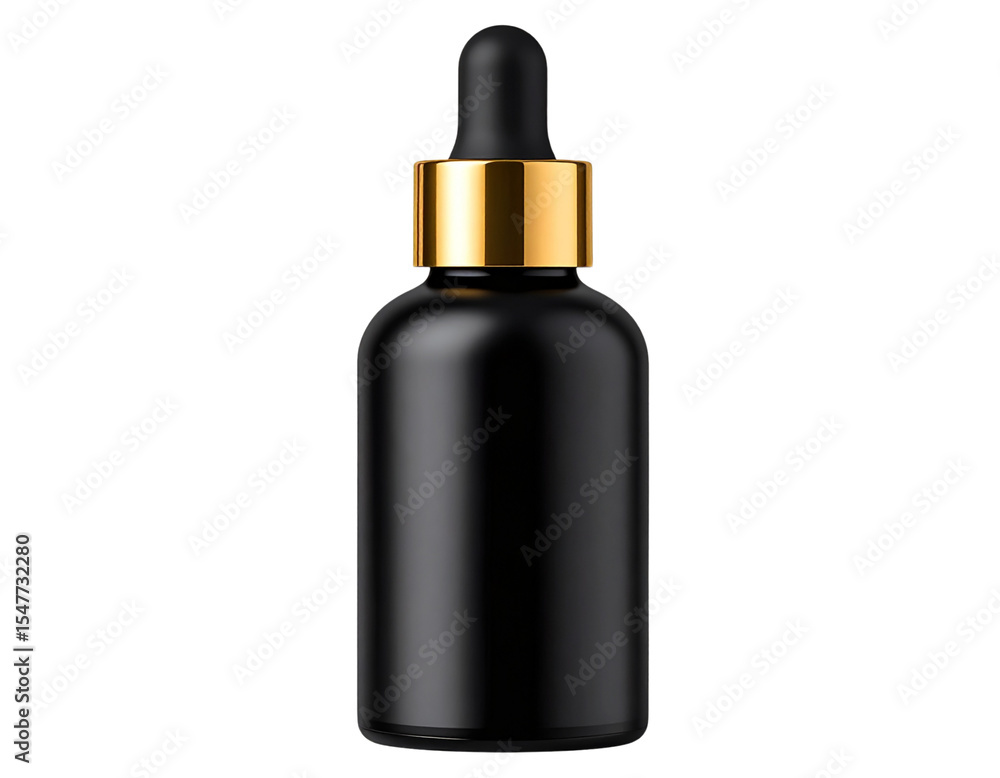 Matte Black Dropper Bottle with Gold Cap and Reflections, isolated on transparent background Matte Black Dropper Bottle with Gold Cap and Reflections, isolated on transparent background