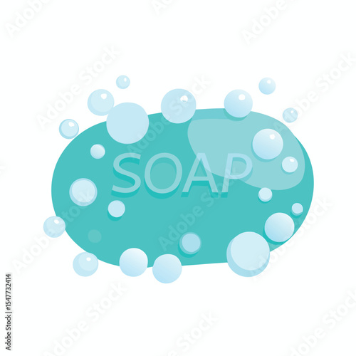 Vector illustration of a blue soap bar with soap bubbles for hygiene and cleanliness concept
