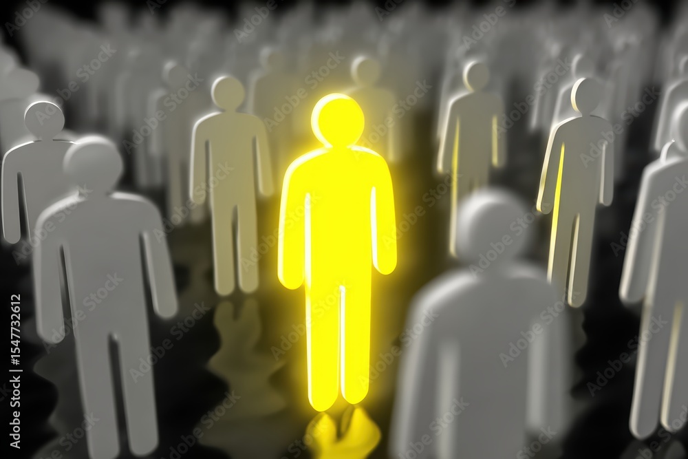 Glowing yellow human figure stands out among gray crowd in high-contrast scene symbolizing individuality and uniqueness. Glowing yellow human figure stands out among gray crowd in high-contrast scene symbolizing individuality and uniqueness.