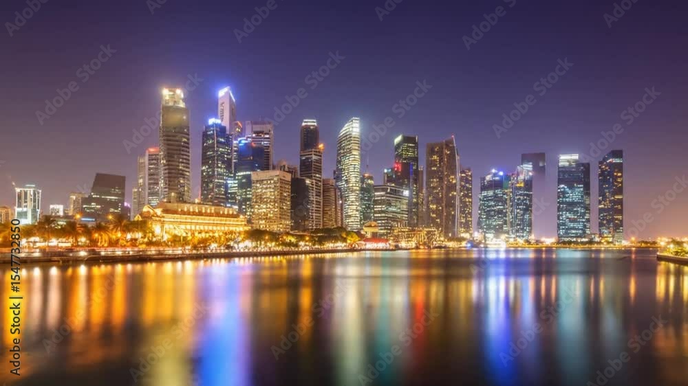 Stunning Singapore Skyline at Night: Reflecting Lights on Water, Urban Splendor Stunning Singapore Skyline at Night: Reflecting Lights on Water, Urban Splendor