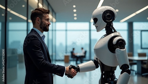 A modern businessman in a suit shakes hands with a humanoid robot in a bright, futuristic office. Symbol of partnership between humans and artificial intelligence. 