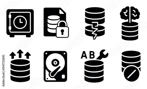 Database solid icon set. backup, storage, encryption symbols in solid style