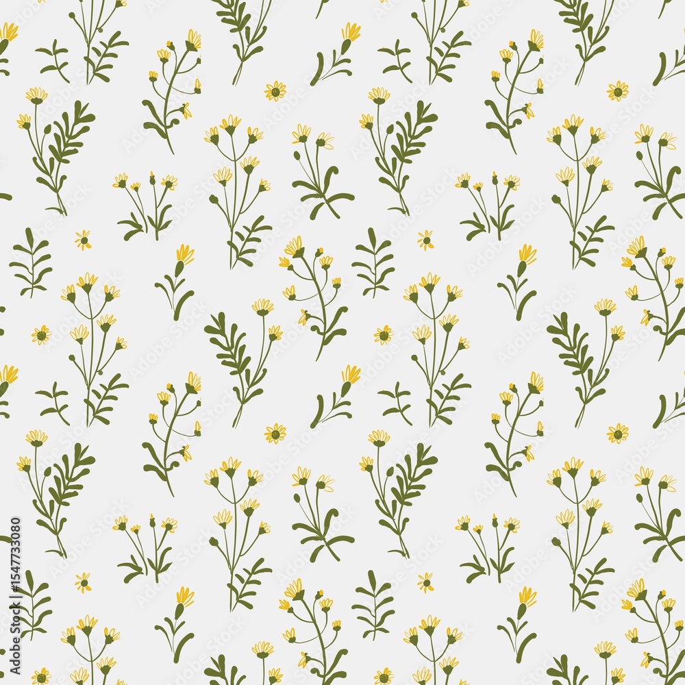 Obraz premium Seamless floral pattern with hand-drawn yellow wildflowers and green leaves on a light background. A soft, cheerful botanical design perfect for spring fabric, stationery, or wallpaper.
