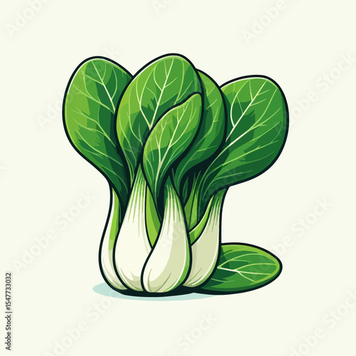 Vibrant graphic representation of a bok choy vegetable, displaying its leaves and stem in a stylized, cartoonish manner.  It's  isolated on a light background.